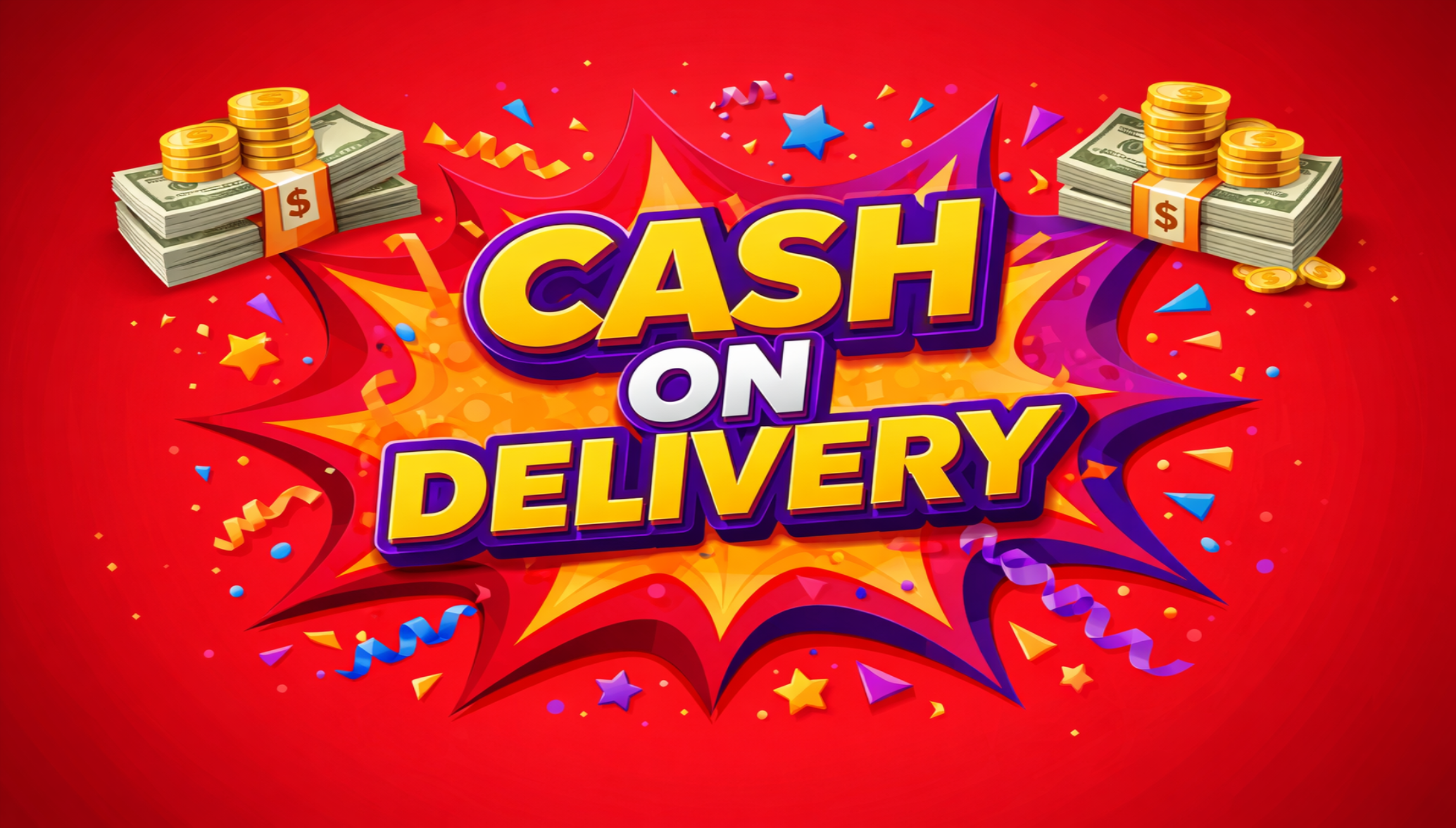 Promotional graphic with 'Cash on Delivery' text and money icons on a red background