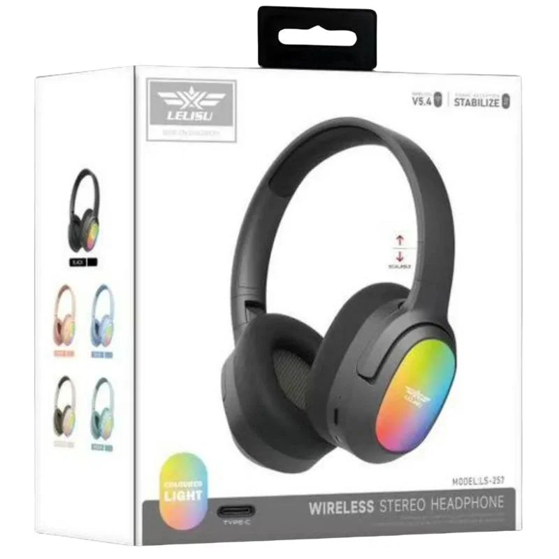 Lelisu LS-257 Wireless Stereo Headphones | Bluetooth 5.4 Over-Ear Headset with Type-C Charging & LED Lights Bluetooth Over-Ear Stereo Headphones