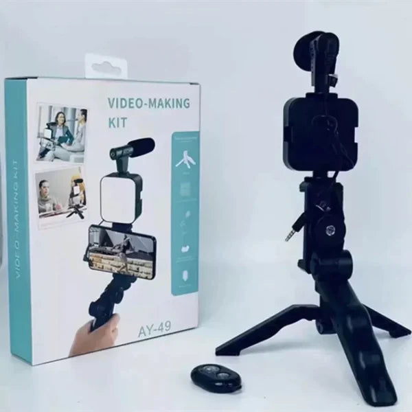 AY-49 Video Making Kit | All-in-One Vlogging Tripod with Wireless Remote, Microphone, LED light and mobile holderone,