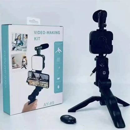 AY-49 Video Making Kit | All-in-One Vlogging Tripod with Wireless Remote, Microphone, LED light and mobile holderone,