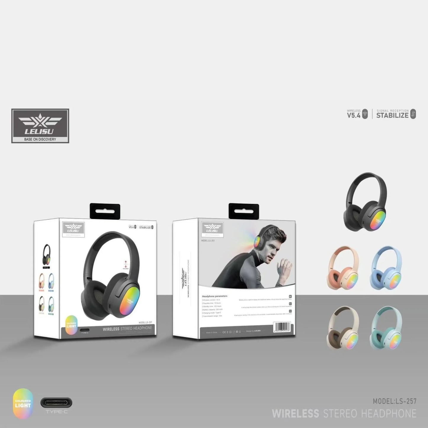 Lelisu LS-257 Wireless Stereo Headphones | Bluetooth 5.4 Over-Ear Headset with Type-C Charging & LED Lights Bluetooth Over-Ear Stereo Headphones