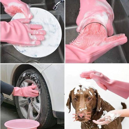 Reusable Silicone Washing Gloves with Built-In Scrubber for Kitchen Bathroom Car and Multipurpose Cleaning (Random Color) Multi-purpose cleaning gloves