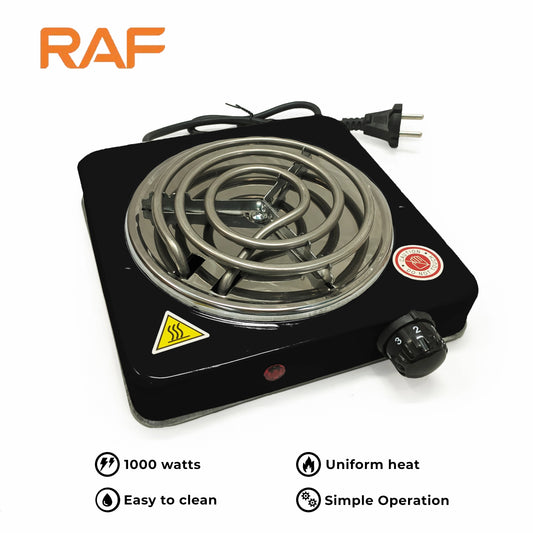 Black RAF R.8010B Electric Stove Hot Plate and Cooker with 1000W Power, Thermostat, and Uniform Heating Compact electric stove cooker