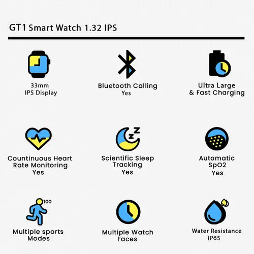 GT1 Smartwatch | Bluetooth Calling | Full Touch Display | Android & iOS Compatible Smart Watch GT1