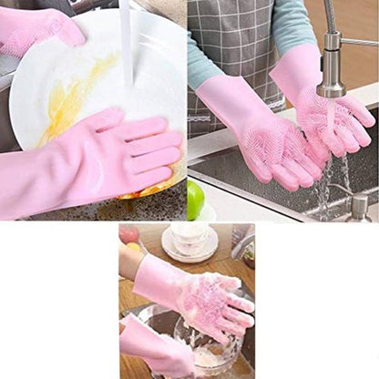 Reusable Silicone Washing Gloves with Built-In Scrubber for Kitchen Bathroom Car and Multipurpose Cleaning (Random Color) Multi-purpose cleaning gloves