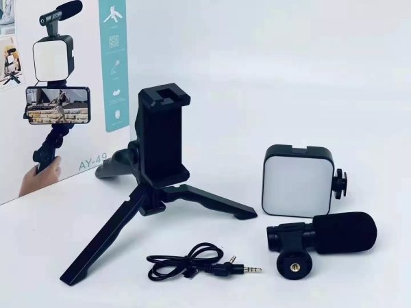 AY-49 Video Making Kit | All-in-One Vlogging Tripod with Wireless Remote, Microphone, LED light and mobile holderone,