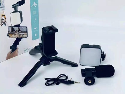 AY-49 Video Making Kit | All-in-One Vlogging Tripod with Wireless Remote, Microphone, LED light and mobile holderone,
