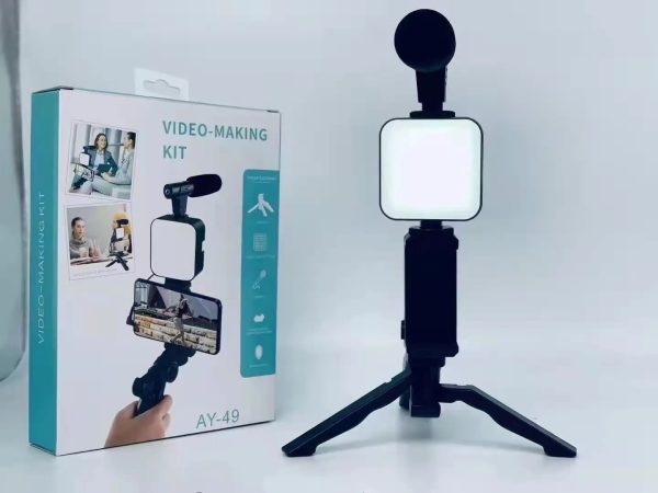AY-49 Video Making Kit | All-in-One Vlogging Tripod with Wireless Remote, Microphone, LED light and mobile holderone,