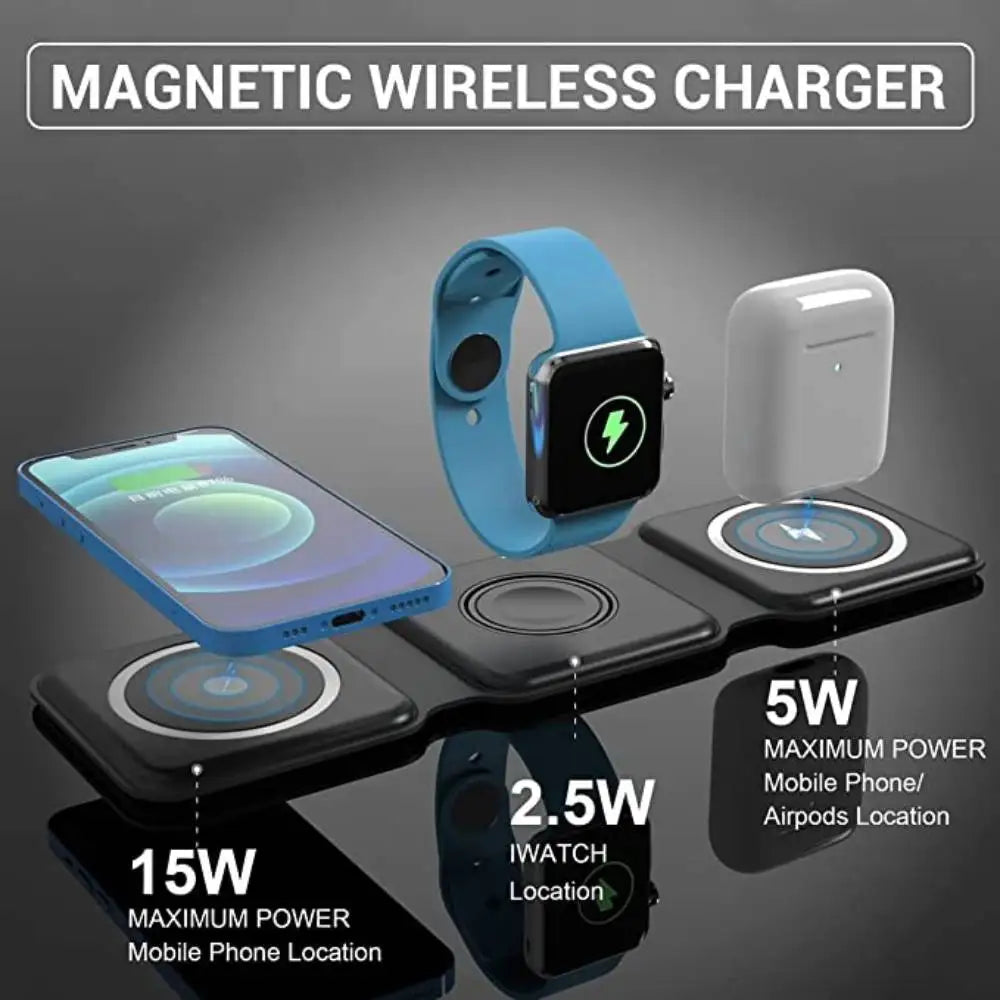 3-in-1 Foldable Magnetic Wireless Charger 15W Charging Station for iPhone Apple Watch and AirPods Foldable 3-in-1 wireless charger