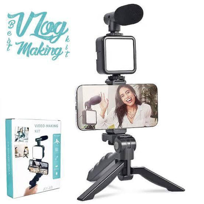 AY-49 Video Making Kit | All-in-One Vlogging Tripod with Wireless Remote, Microphone, LED light and mobile holderone,